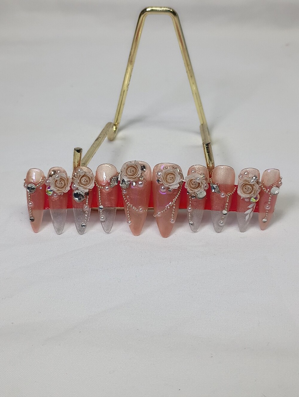 Handcrafted Peach Pink Rose Crystal False Nail Set
